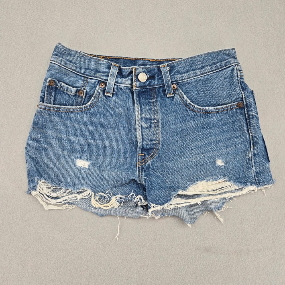 Levi's 501 High Rise Distressed Denim Cutoff Jean Shorts Jorts Medium Wash 24